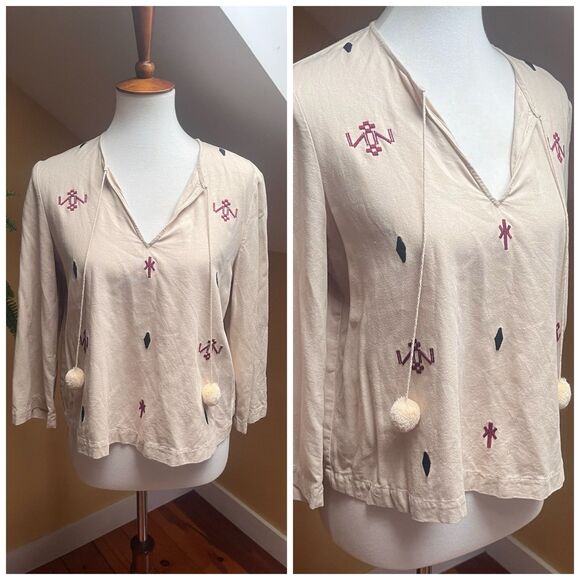 Madewell Women Shirt Small Silk Red Embroidered Aztec Print Tassel Poms Top - Picture 2 of 16
